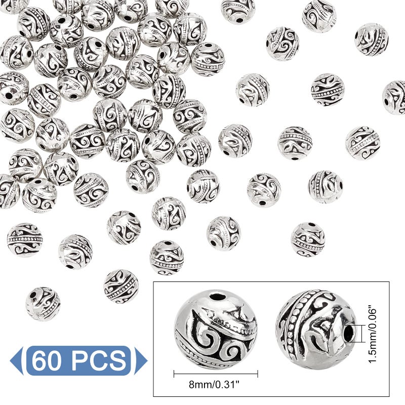 PH PandaHall 8mm Round Spacers Beads, 60pcs Tibetan Alloy Metal Charms Beads Antique Silver Metal Loose Spacer Beads for Bracelet Necklace Jewelry Making, Hole: 1.5mm - Image 4